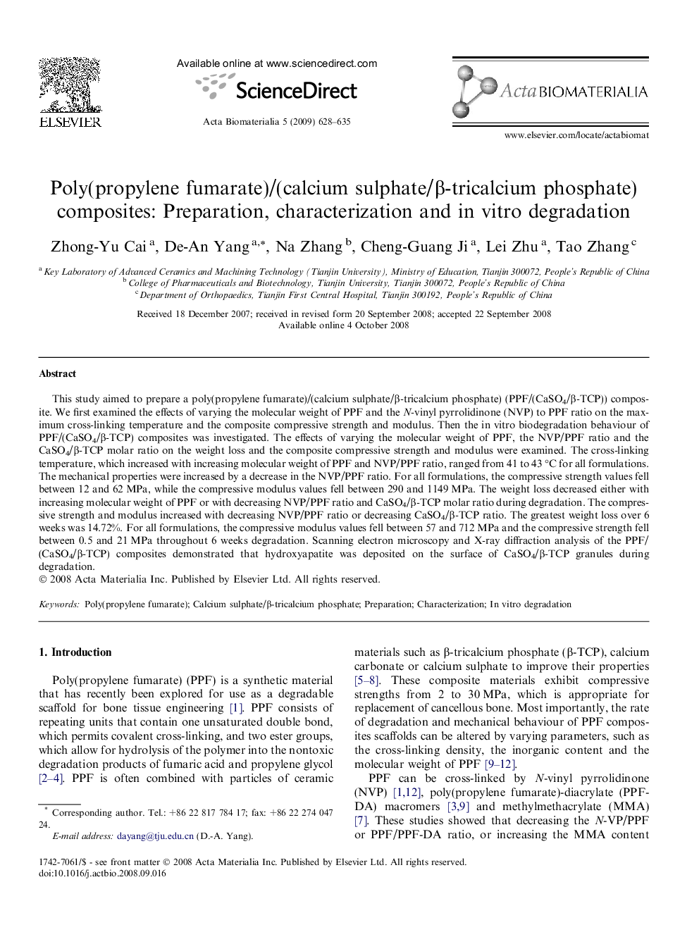 Poly(propylene fumarate)/(calcium sulphate/β-tricalcium phosphate) composites: Preparation, characterization and in vitro degradation