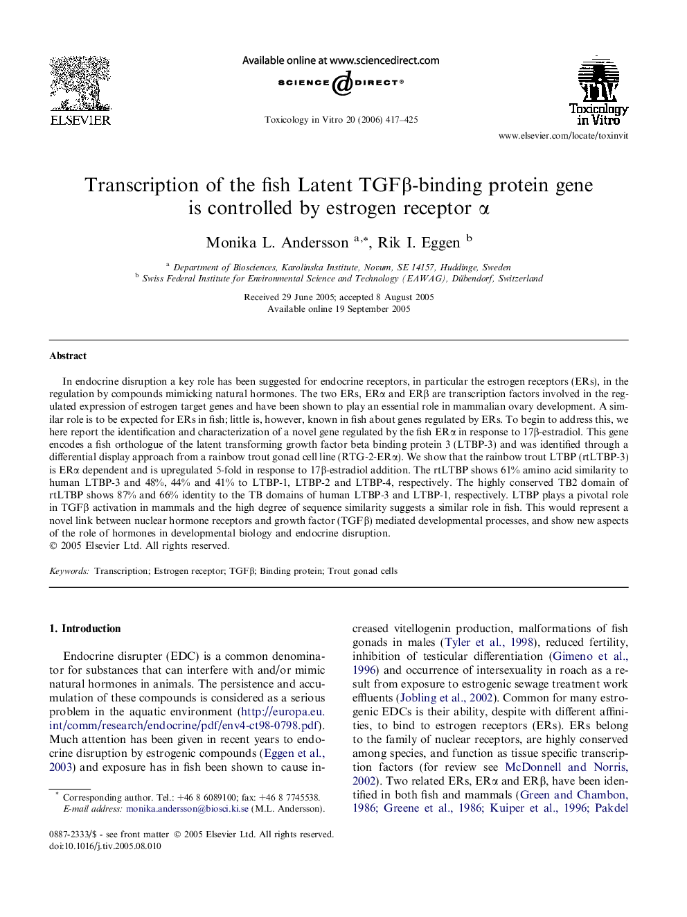 Transcription of the fish Latent TGFβ-binding protein gene is controlled by estrogen receptor α