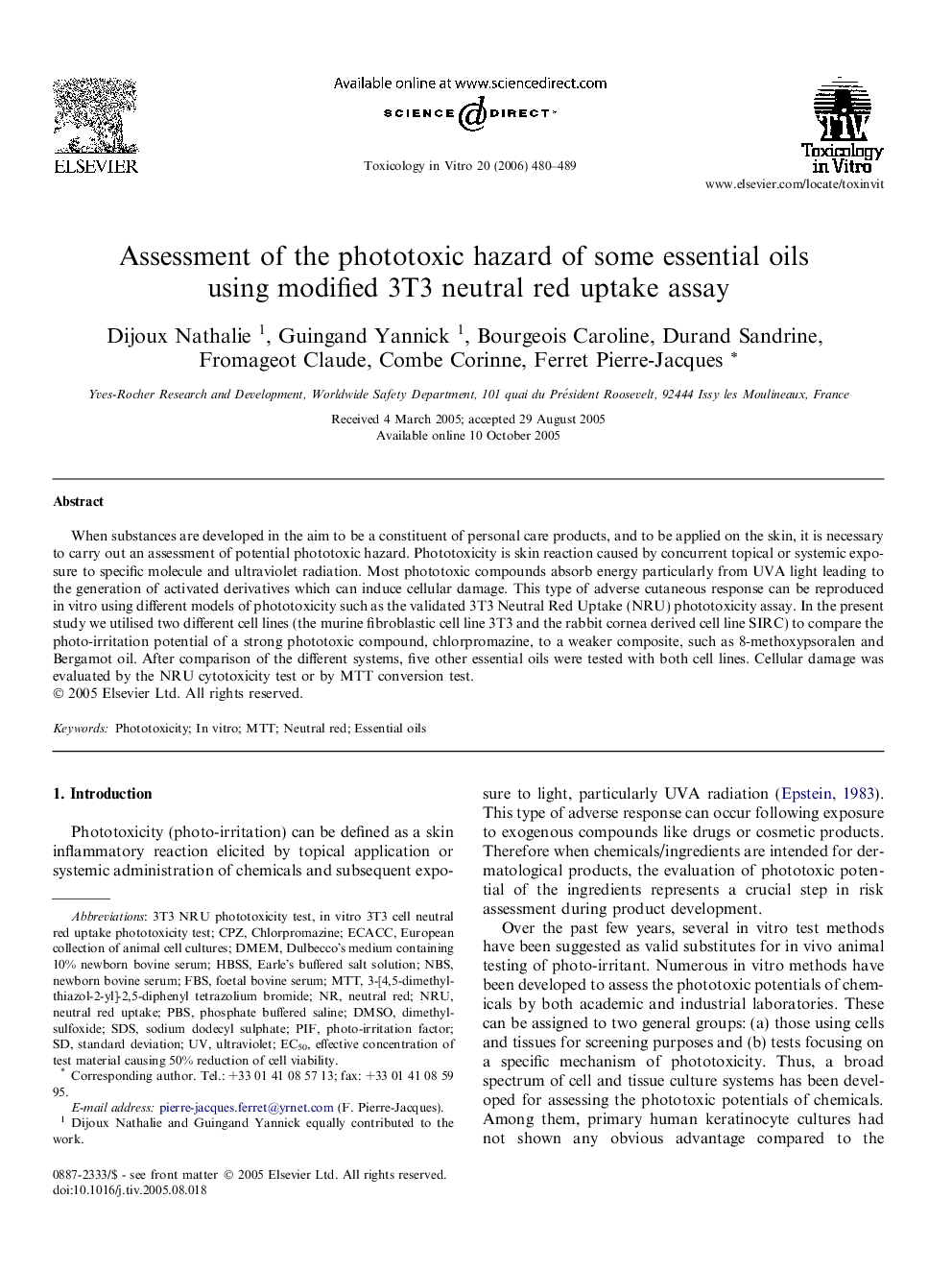 Assessment of the phototoxic hazard of some essential oils using modified 3T3 neutral red uptake assay