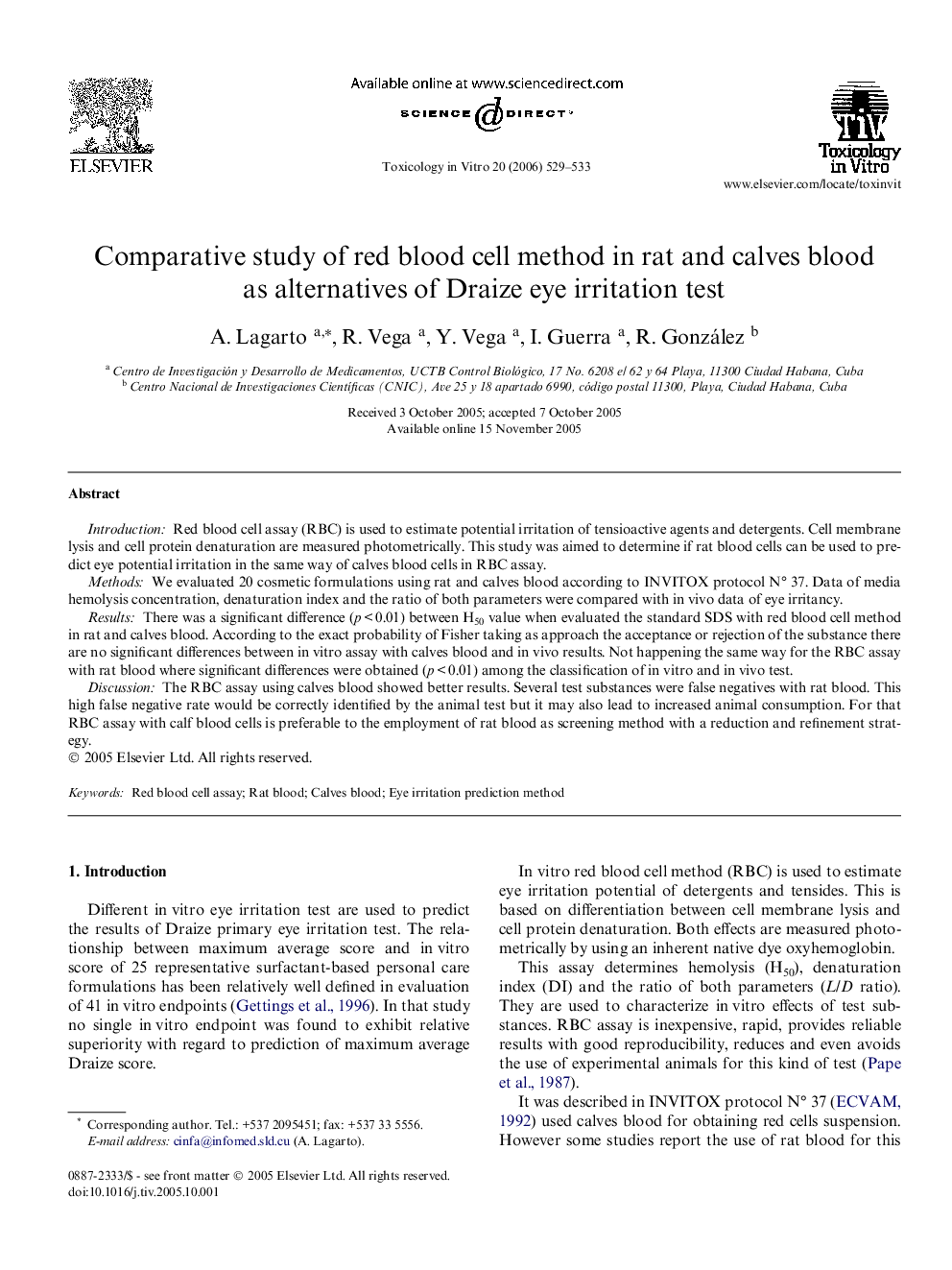 Comparative study of red blood cell method in rat and calves blood as alternatives of Draize eye irritation test