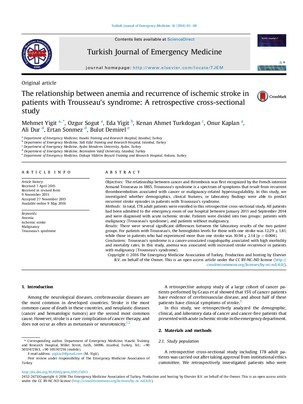 The relationship between anemia and recurrence of ischemic stroke in patients with Trousseau's syndrome: A retrospective cross-sectional study 