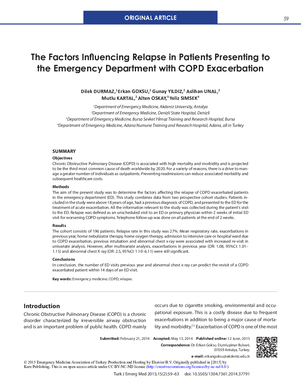 The Factors Influencing Relapse in Patients Presenting to the Emergency Department with COPD Exacerbation 