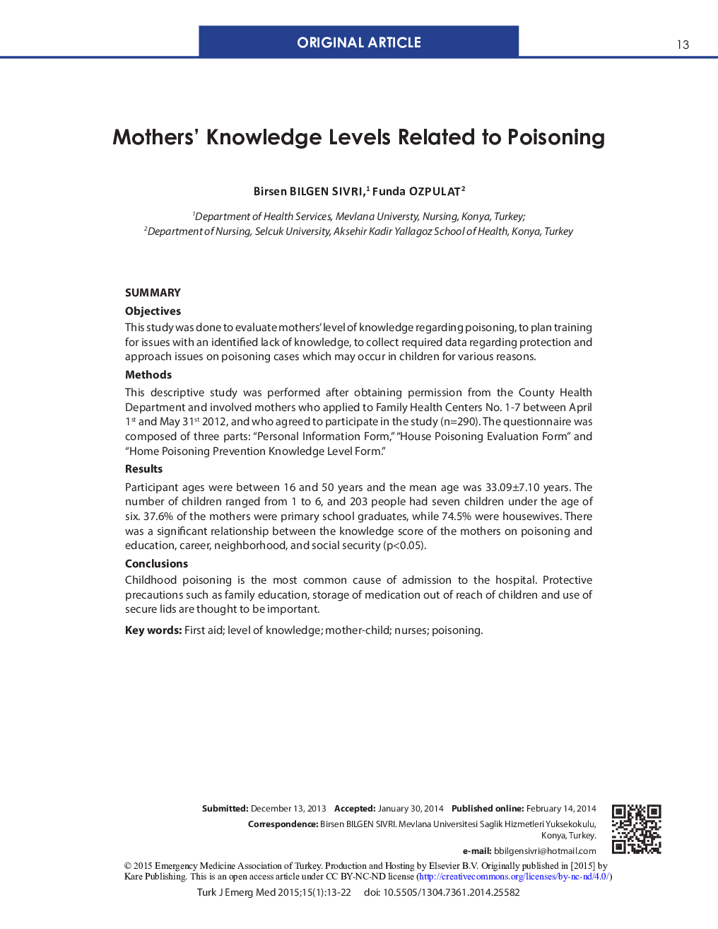 Mothers' Knowledge Levels Related to Poisoning 