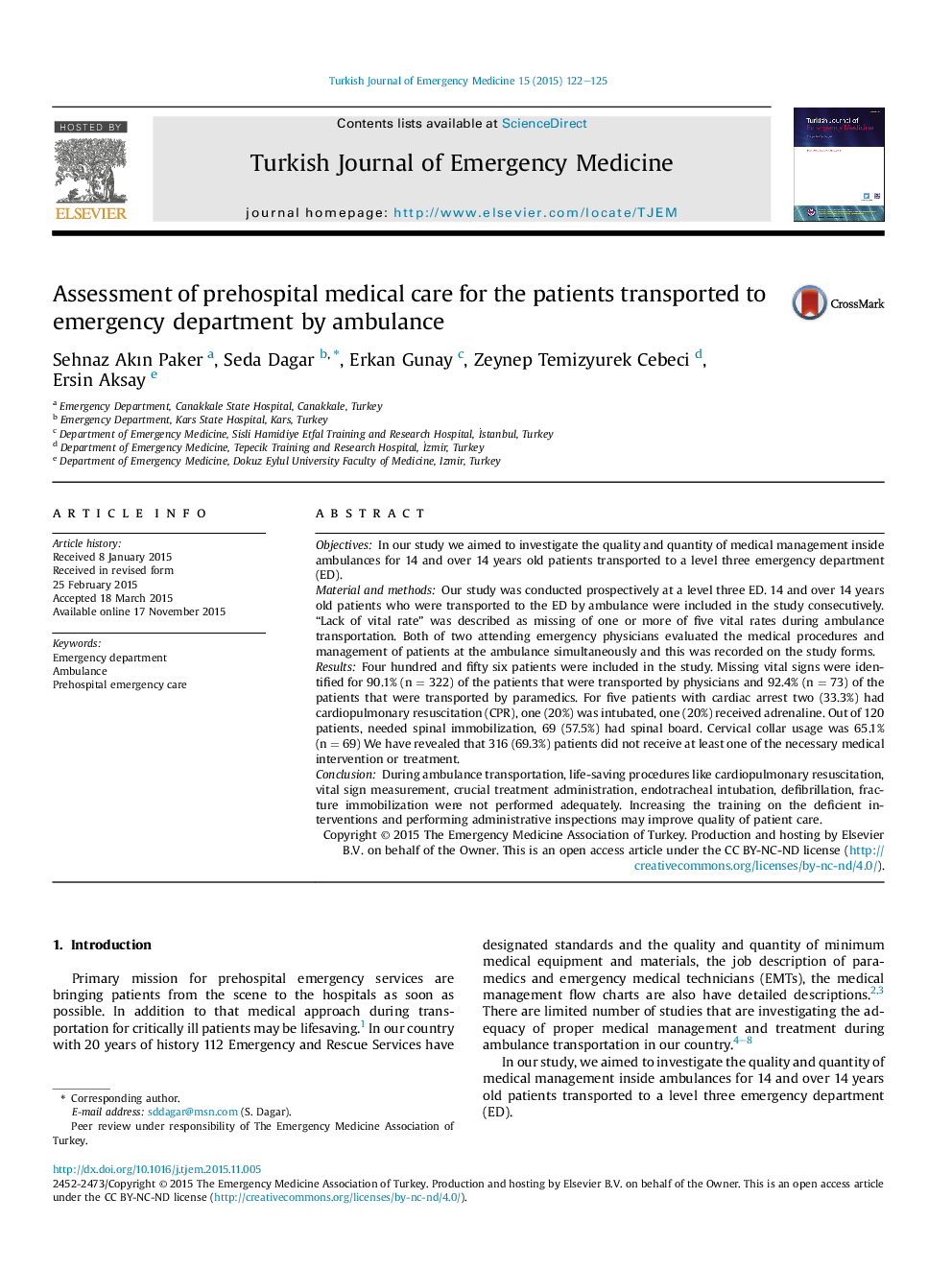 Assessment of prehospital medical care for the patients transported to emergency department by ambulance 