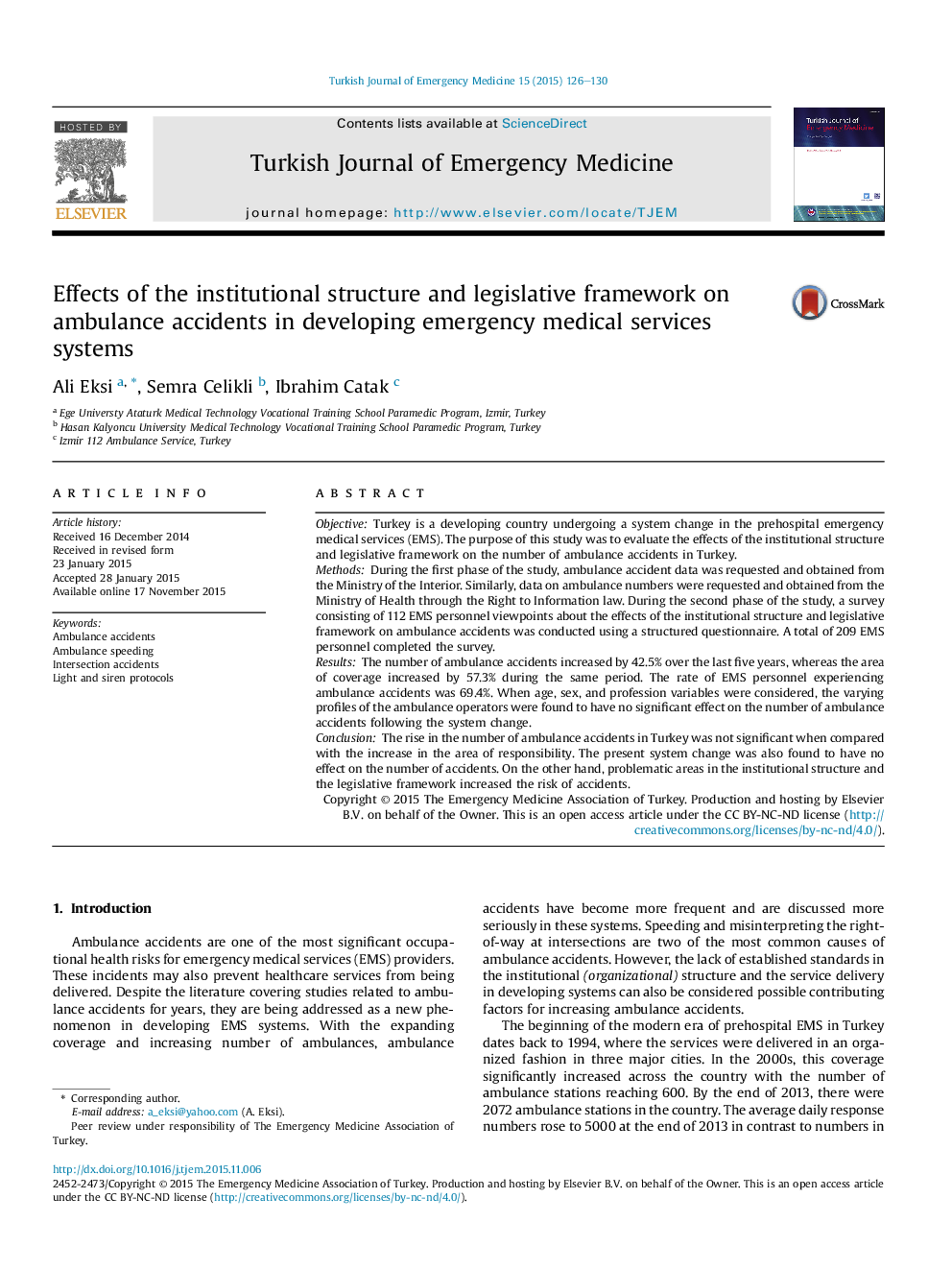 Effects of the institutional structure and legislative framework on ambulance accidents in developing emergency medical services systems 