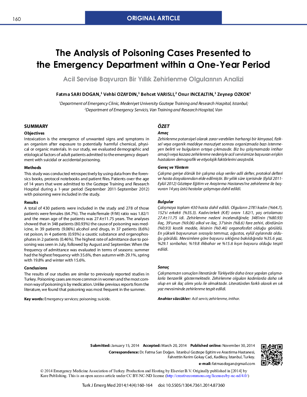 The Analysis of Poisoning Cases Presented to the Emergency Department within a One-Year Period 