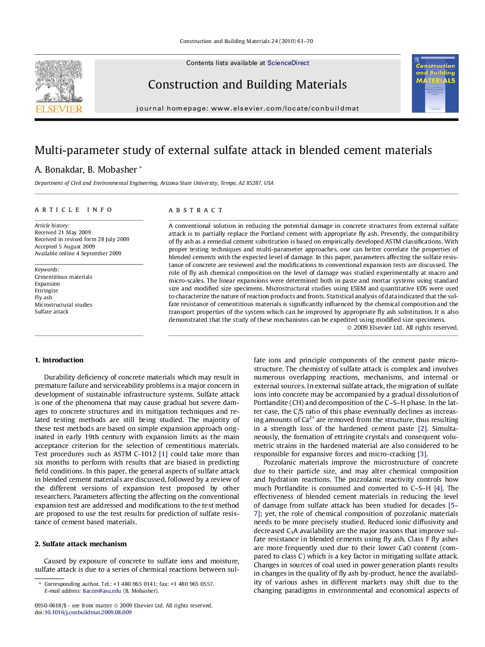 Multi-parameter study of external sulfate attack in blended cement materials