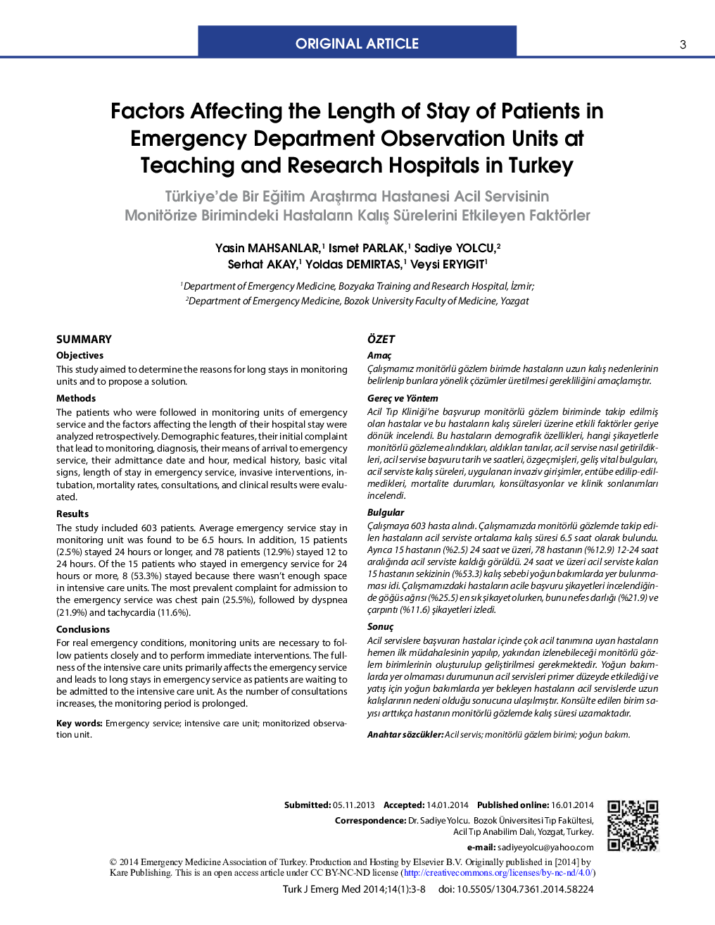 Factors Affecting the Length of Stay of Patients in Emergency Department Observation Units at Teaching and Research Hospitals in Turkey 