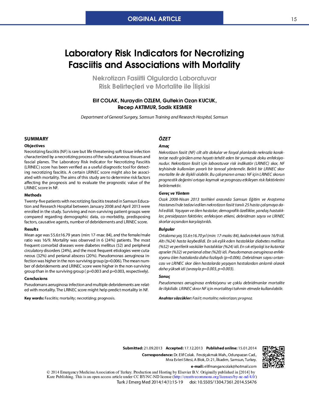 Laboratory Risk Indicators for Necrotizing Fasciitis and Associations with Mortality 