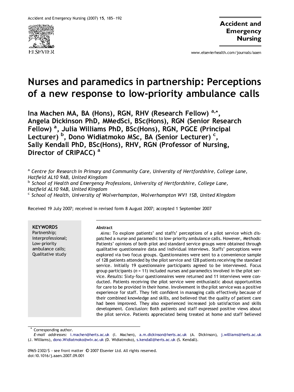 Nurses and paramedics in partnership: Perceptions of a new response to low-priority ambulance calls