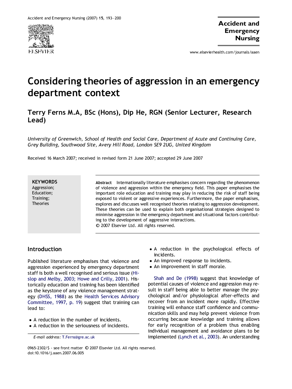 Considering theories of aggression in an emergency department context