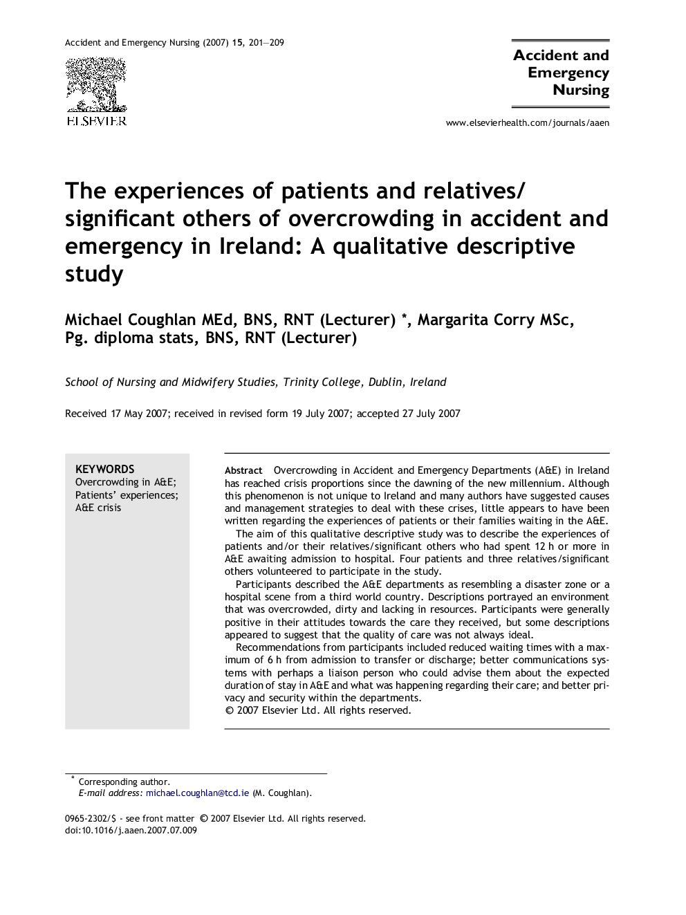 The experiences of patients and relatives/significant others of overcrowding in accident and emergency in Ireland: A qualitative descriptive study