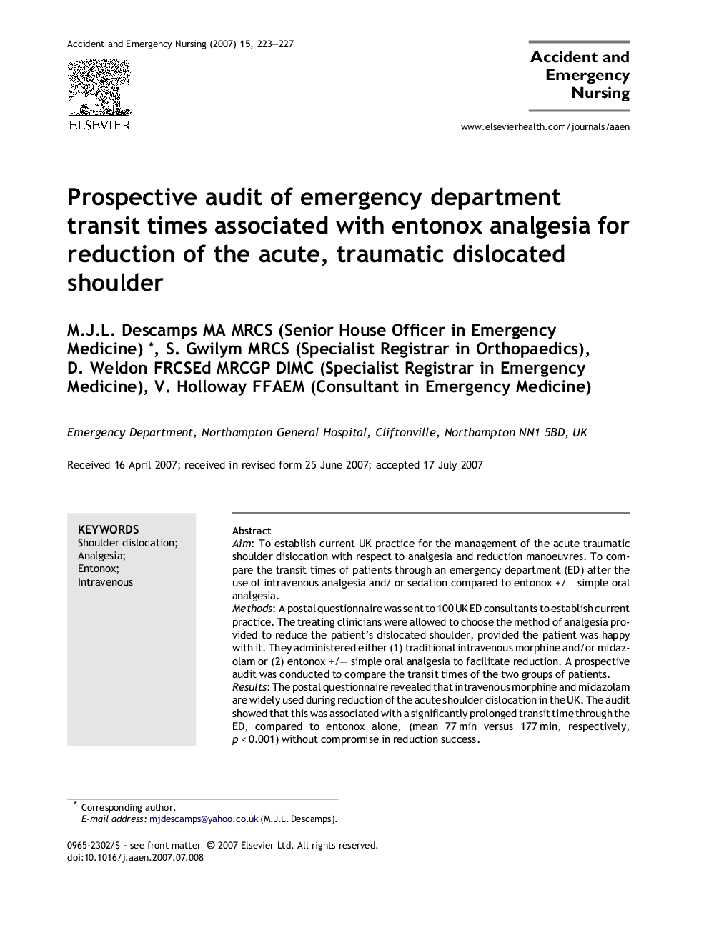 Prospective audit of emergency department transit times associated with entonox analgesia for reduction of the acute, traumatic dislocated shoulder