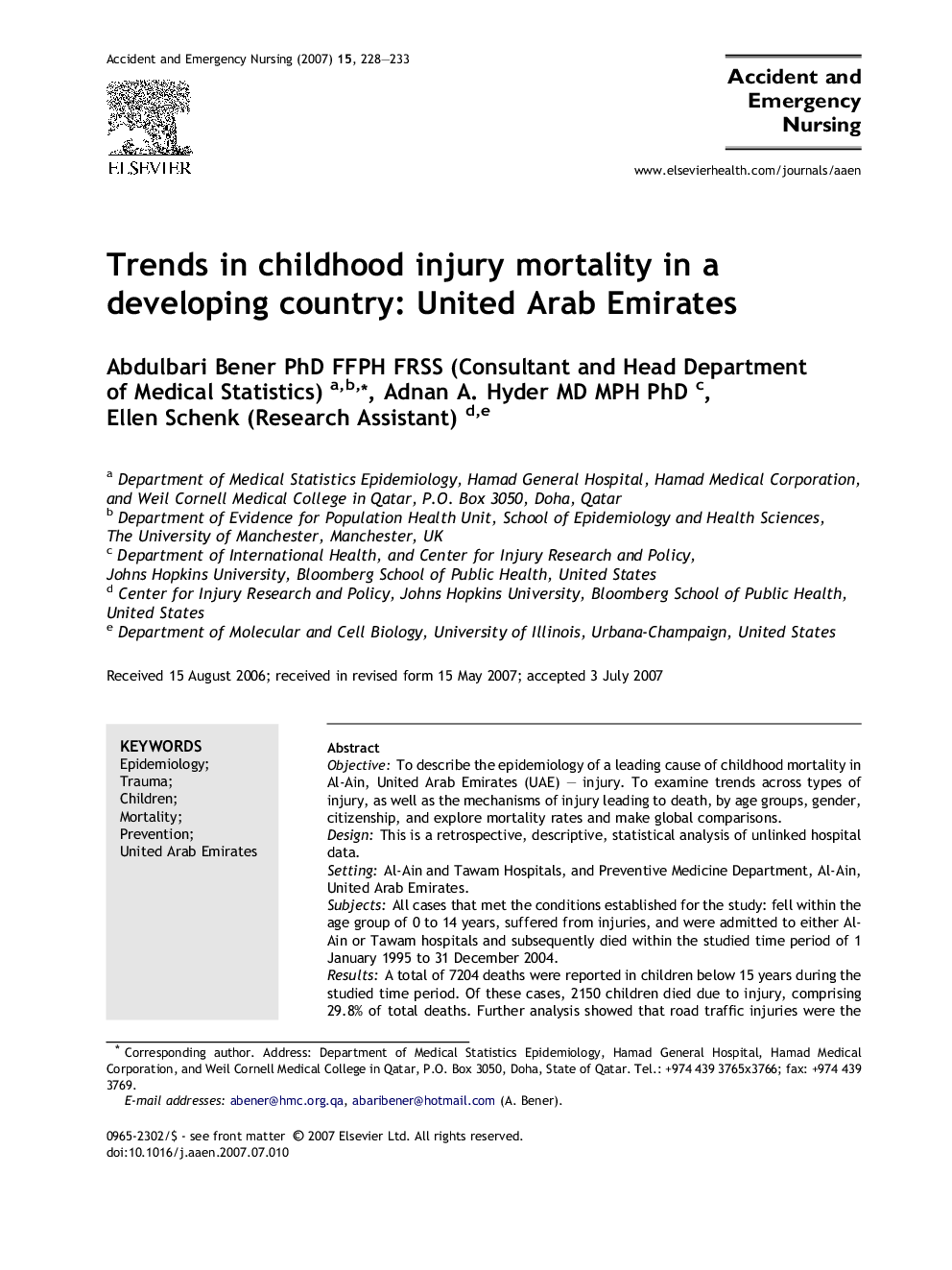 Trends in childhood injury mortality in a developing country: United Arab Emirates