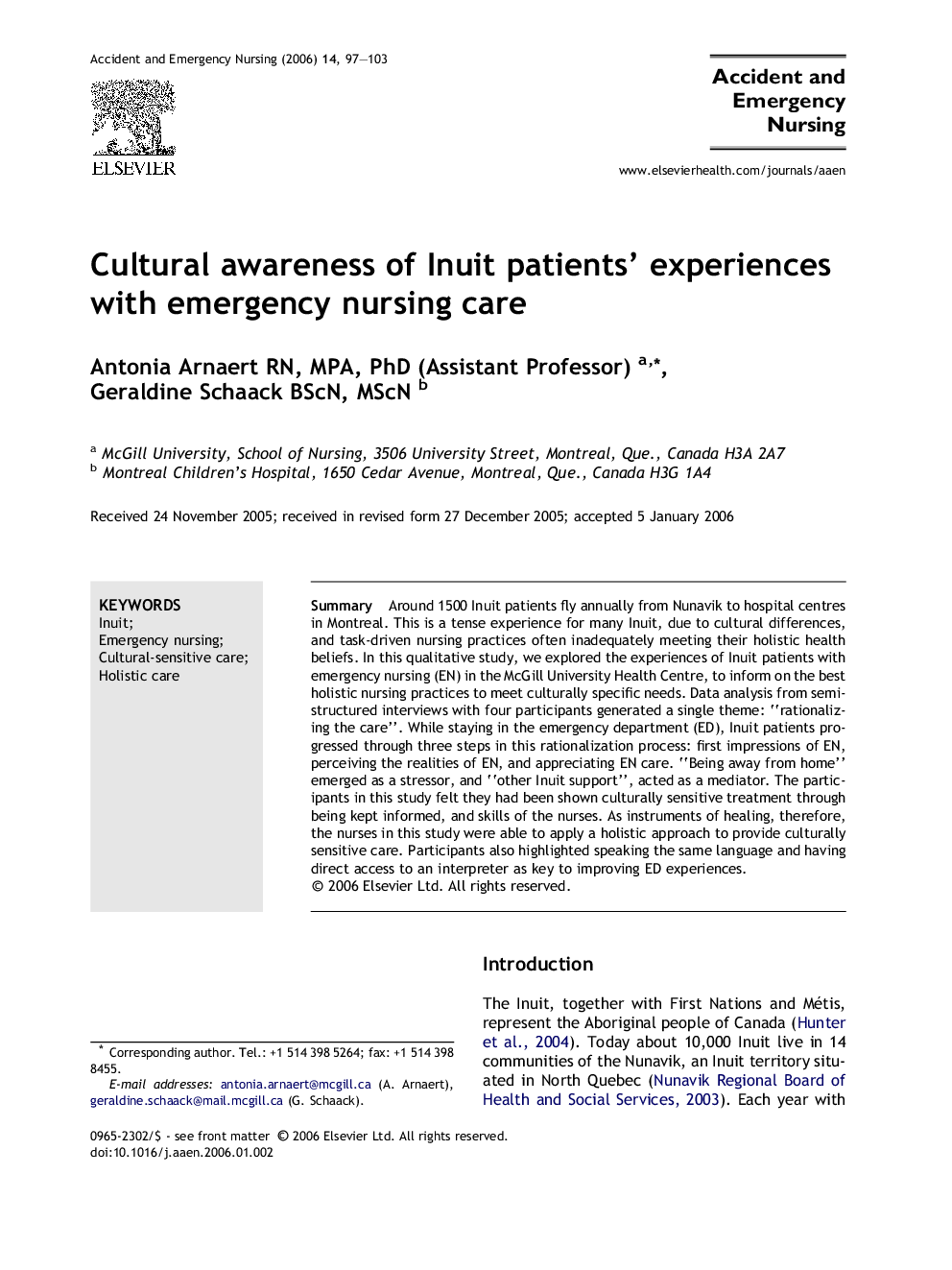 Cultural awareness of Inuit patients’ experiences with emergency nursing care