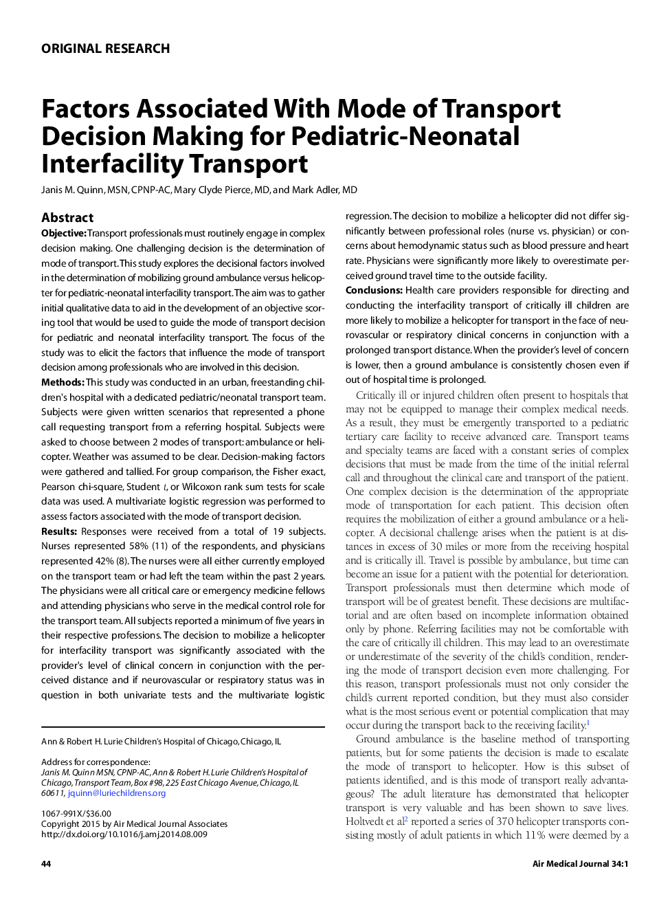 Factors Associated With Mode of Transport Decision Making for Pediatric-Neonatal Interfacility Transport