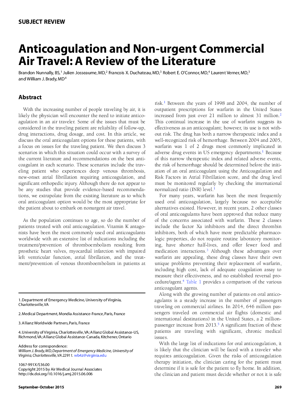 Anticoagulation and Non-urgent Commercial Air Travel: A Review of the Literature