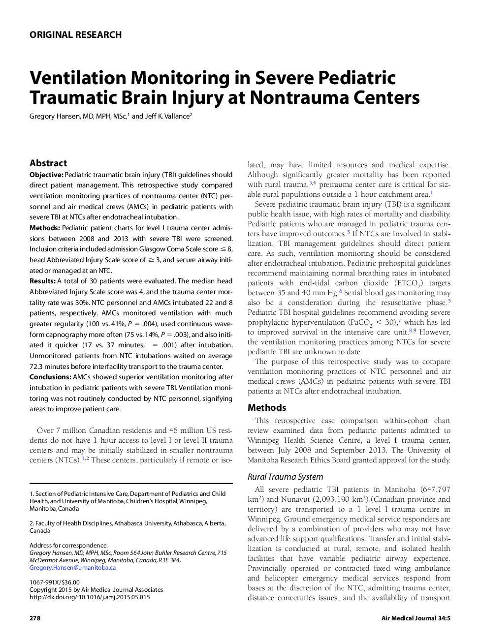 Ventilation Monitoring in Severe Pediatric Traumatic Brain Injury at Nontrauma Centers