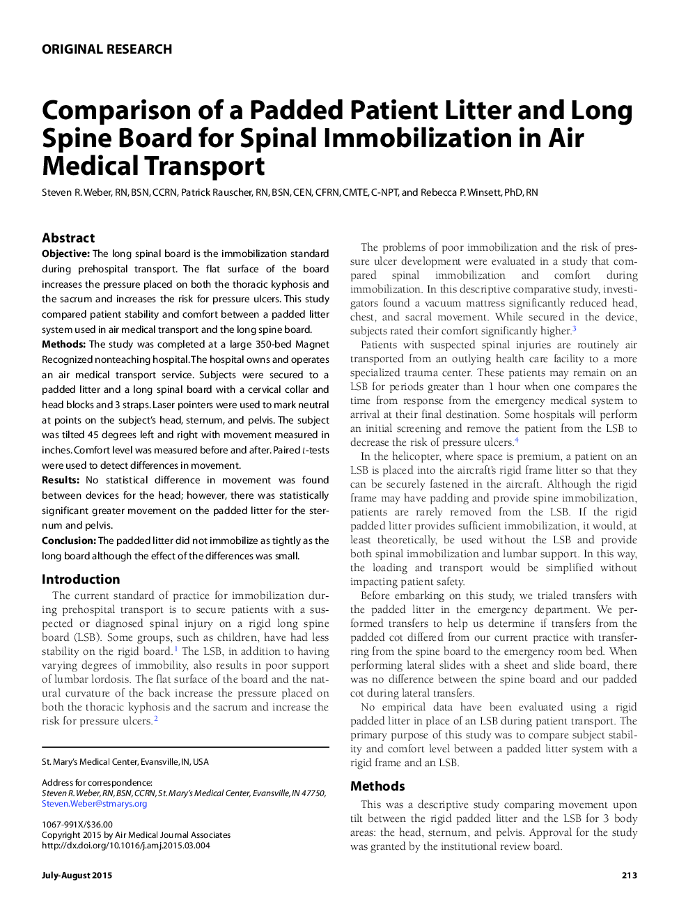 Comparison of a Padded Patient Litter and Long Spine Board for Spinal Immobilization in Air Medical Transport