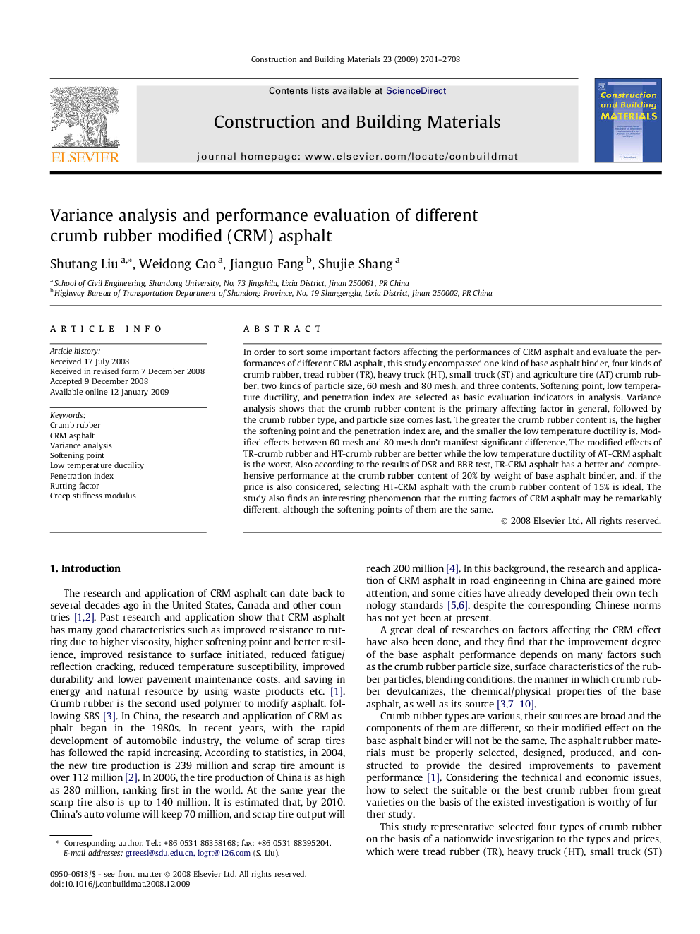 Variance analysis and performance evaluation of different crumb rubber modified (CRM) asphalt