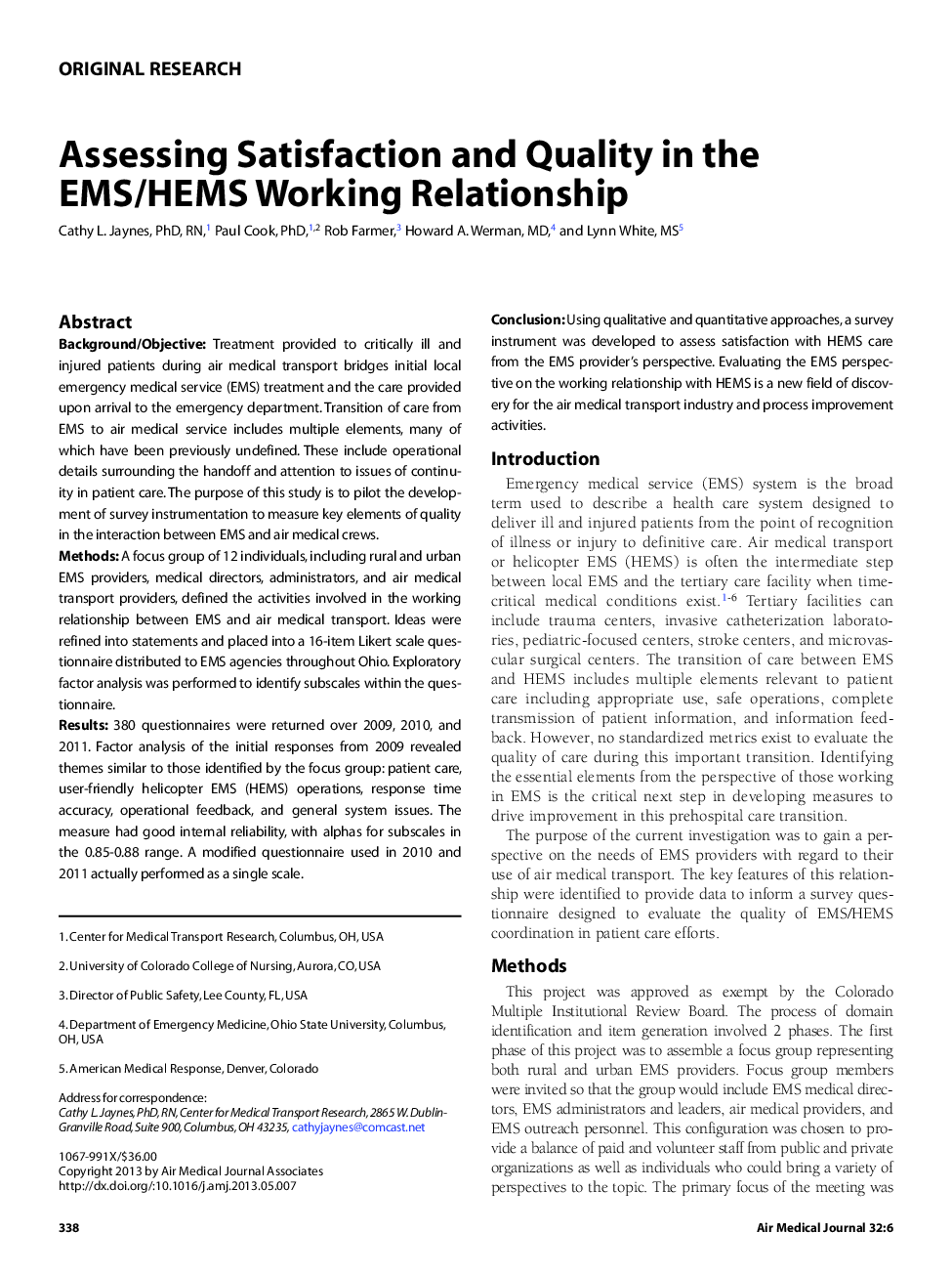 Assessing Satisfaction and Quality in the EMS/HEMS Working Relationship