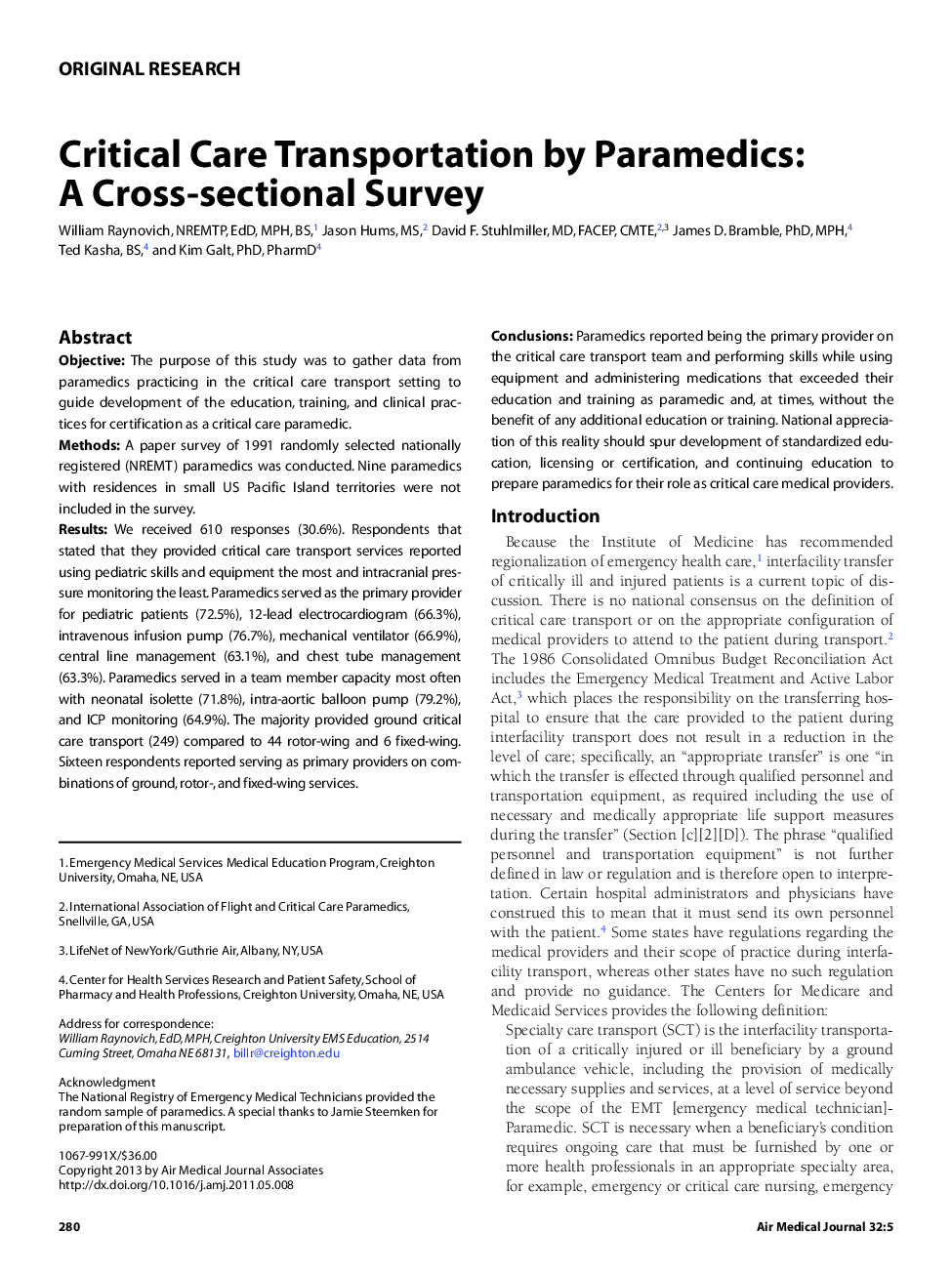 Critical Care Transportation by Paramedics: A Cross-sectional Survey