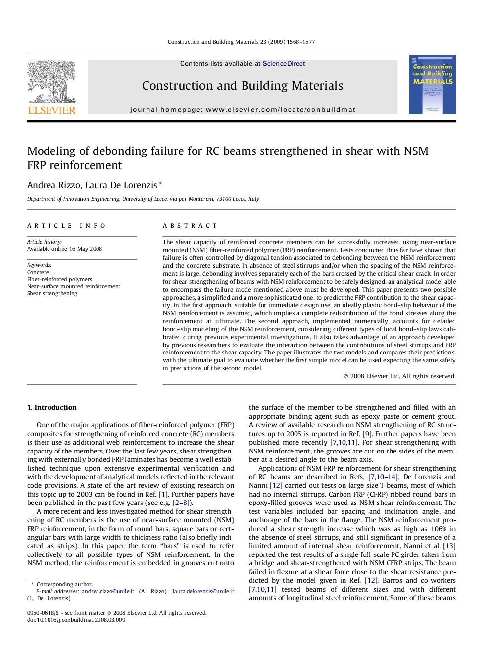 Modeling of debonding failure for RC beams strengthened in shear with NSM FRP reinforcement