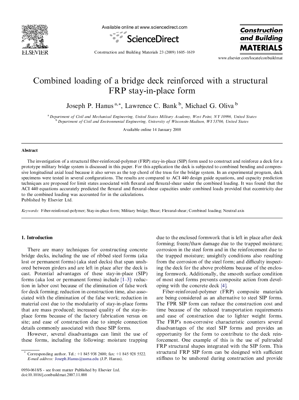 Combined loading of a bridge deck reinforced with a structural FRP stay-in-place form