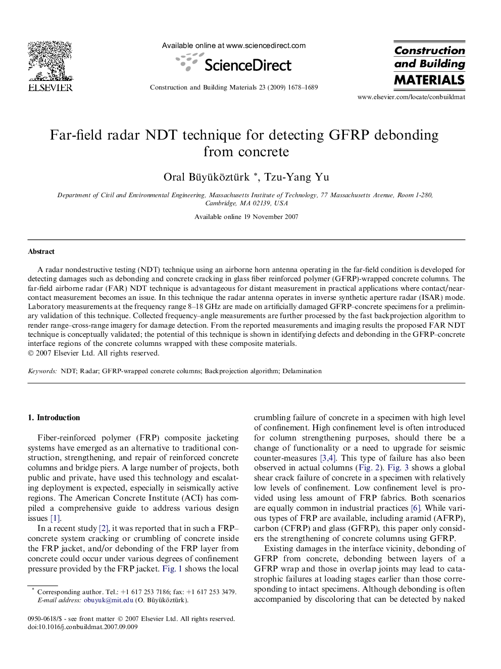 Far-field radar NDT technique for detecting GFRP debonding from concrete