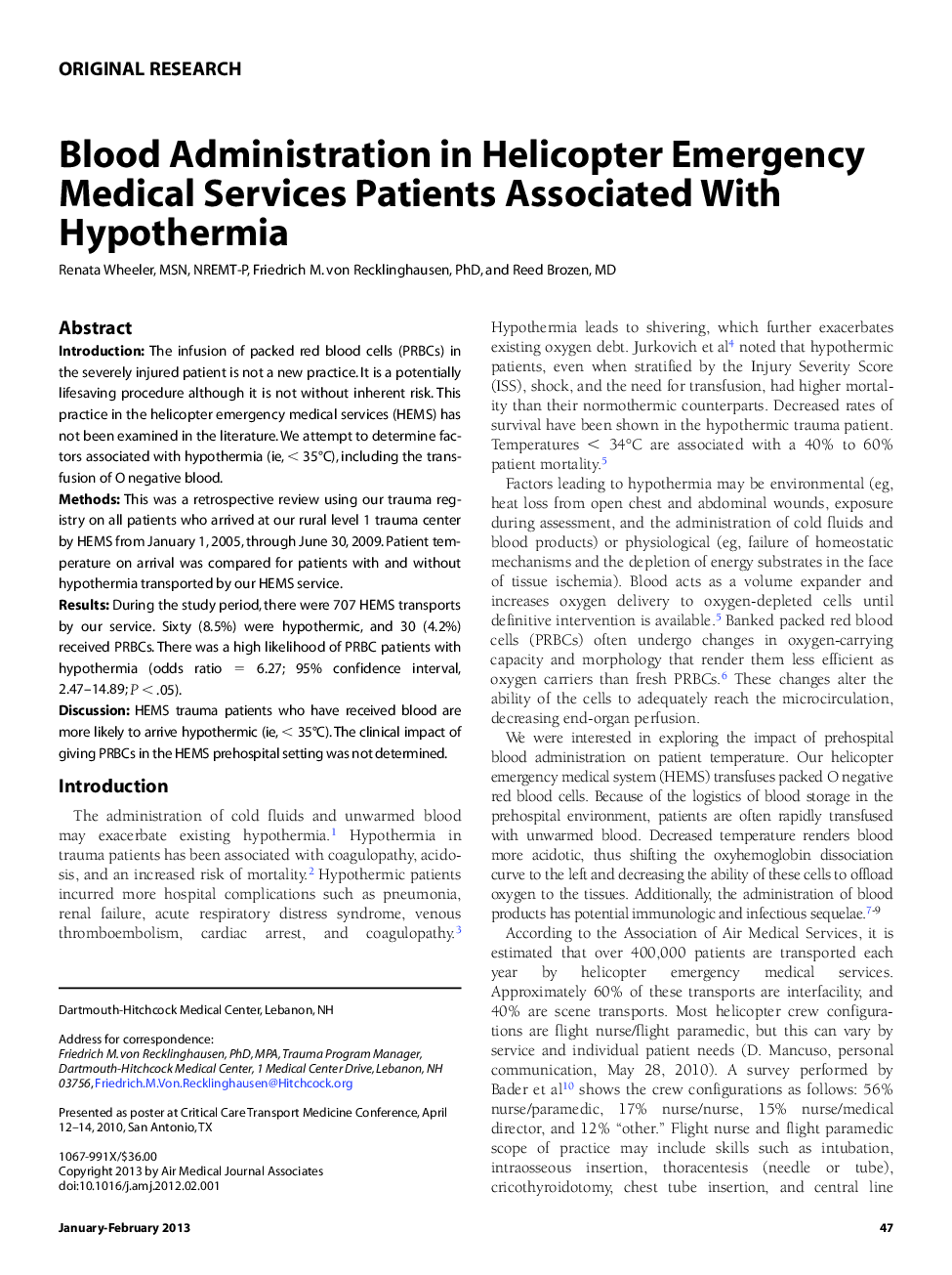 Blood Administration in Helicopter Emergency Medical Services Patients Associated With Hypothermia