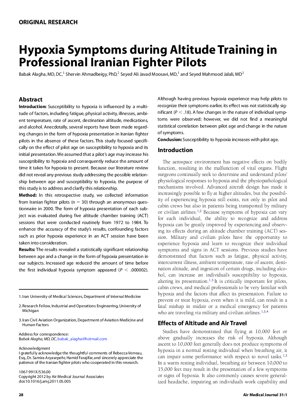 Hypoxia Symptoms during Altitude Training in Professional Iranian Fighter Pilots