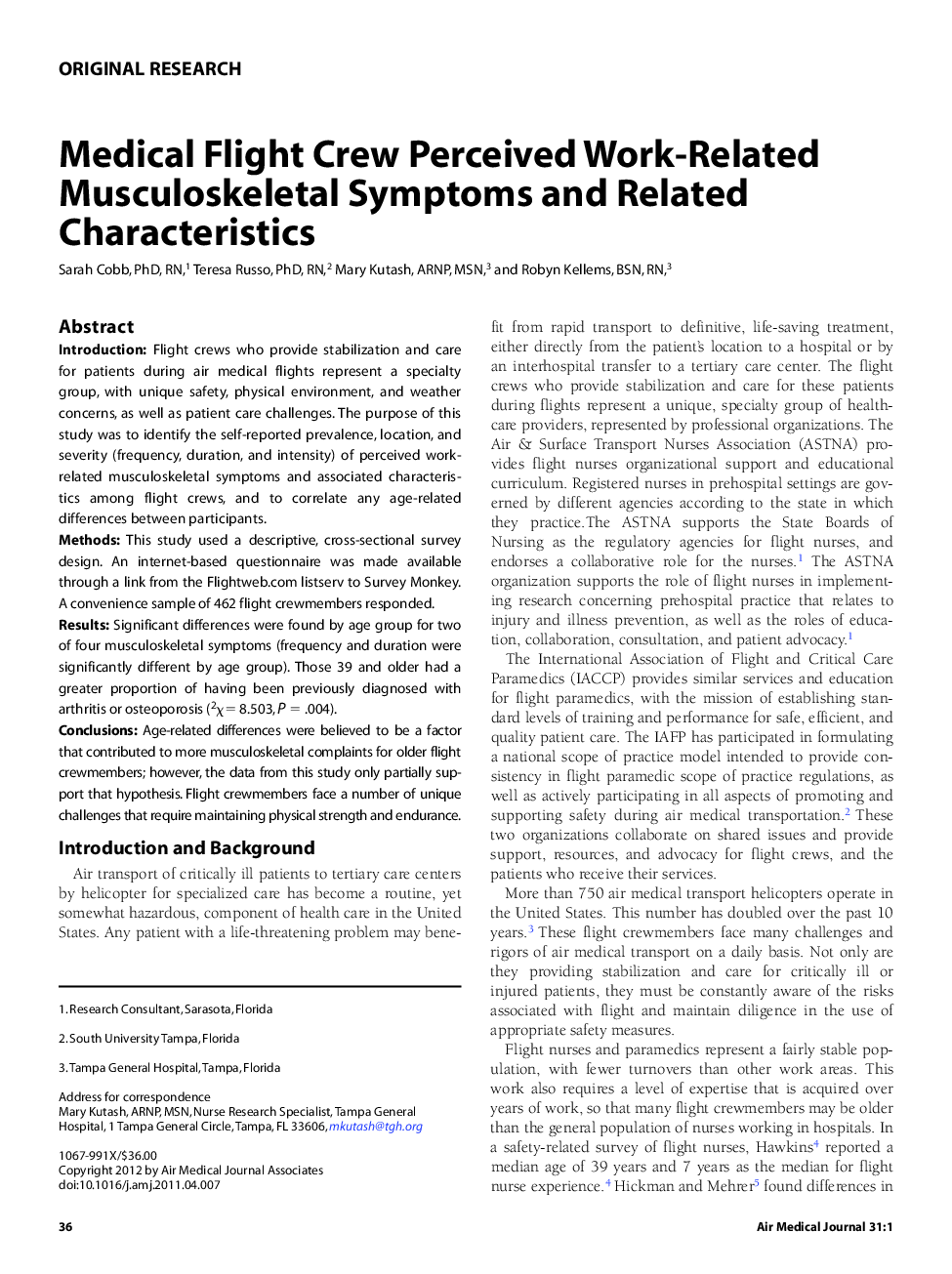 Medical Flight Crew Perceived Work-Related Musculoskeletal Symptoms and Related Characteristics