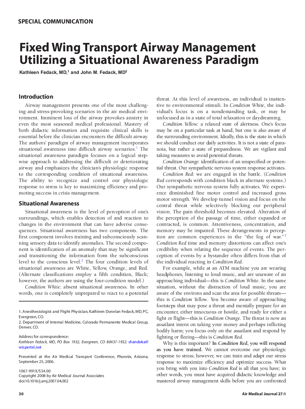 عکس صفحه اول مقاله: Fixed wing transport airway management utilizing a situational awareness paradigm Fixed wing transport airway management utilizing a situational awareness paradigm