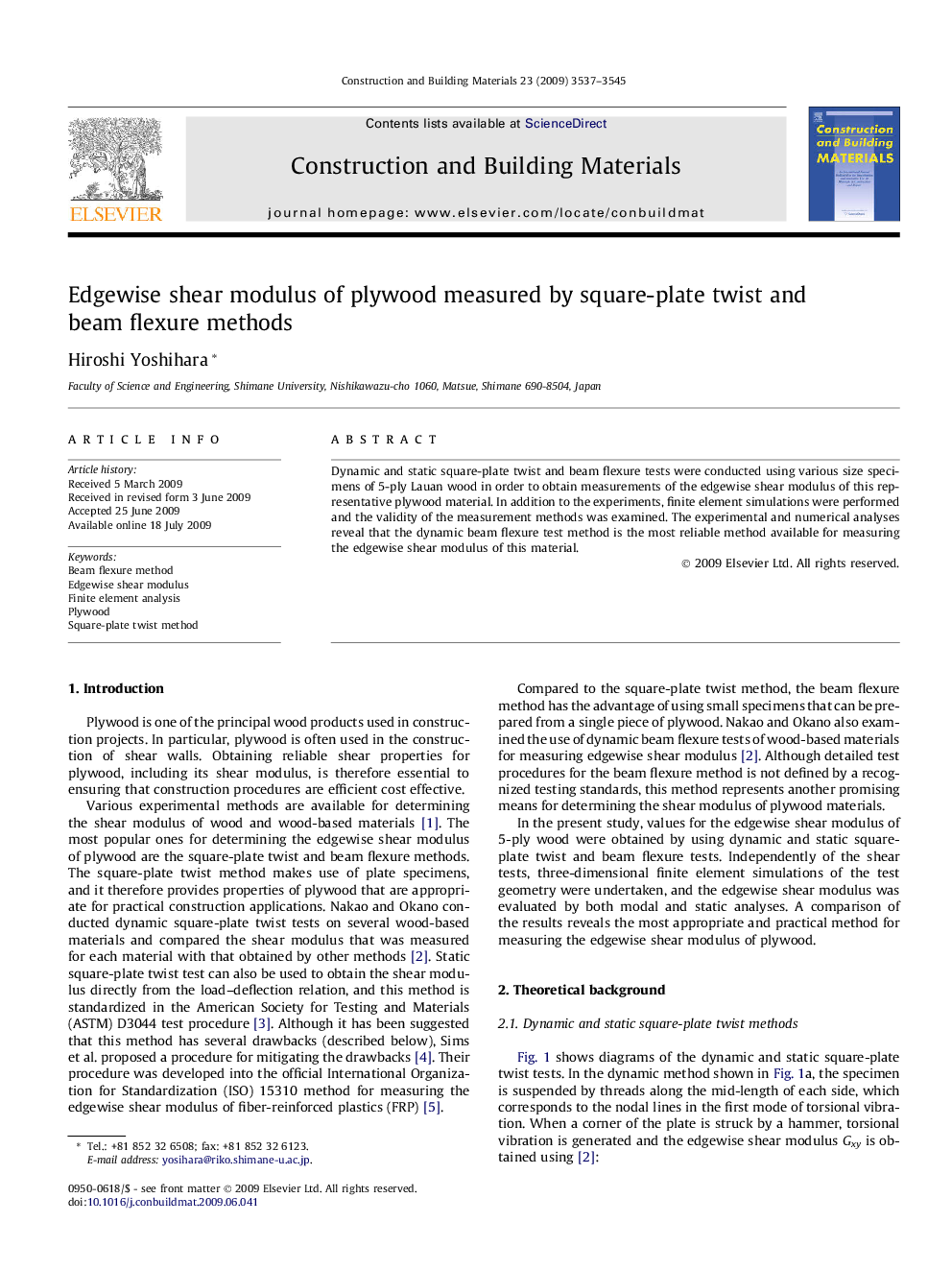 Edgewise shear modulus of plywood measured by square-plate twist and beam flexure methods