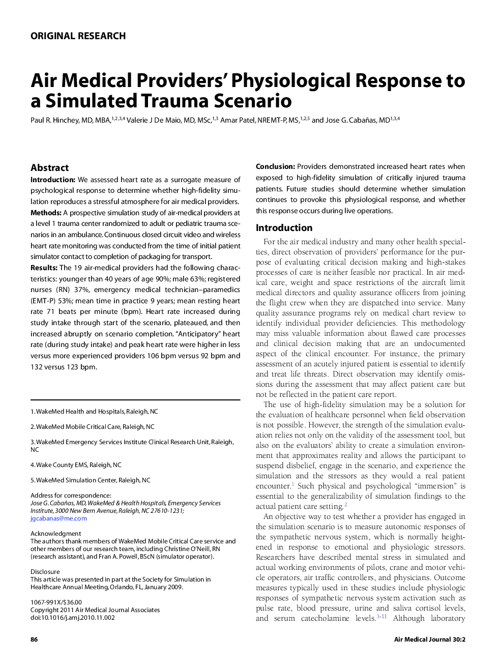 Air Medical Providers' Physiological Response to a Simulated Trauma Scenario