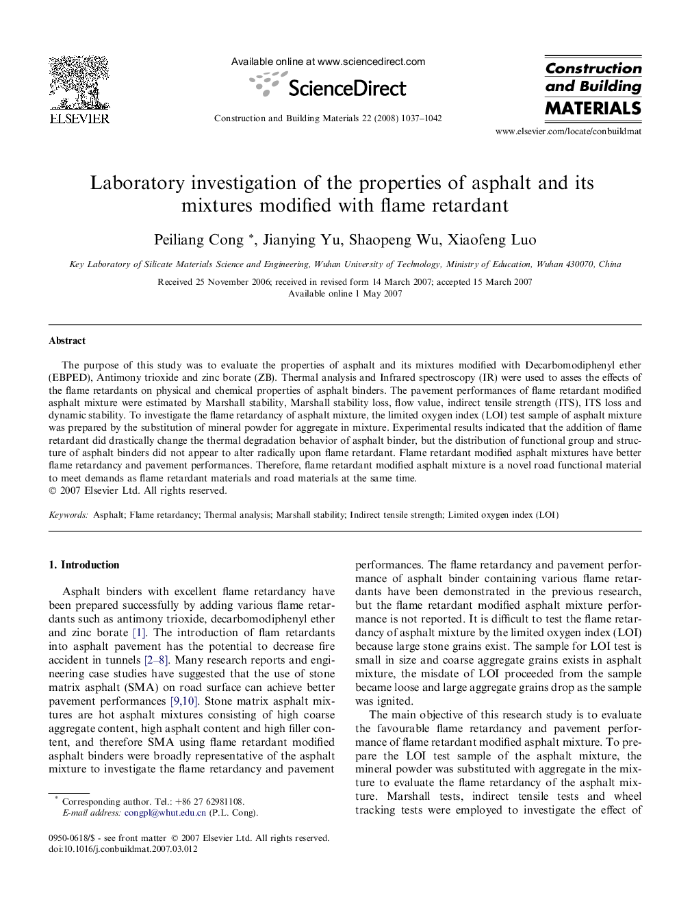 Laboratory investigation of the properties of asphalt and its mixtures modified with flame retardant