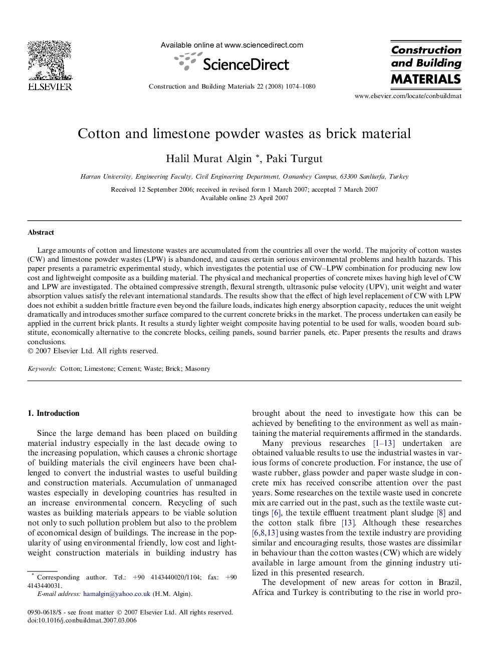 Cotton and limestone powder wastes as brick material