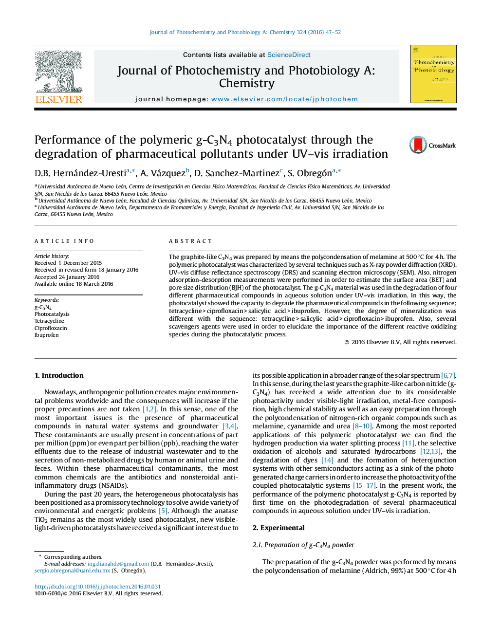 عملکرد فوتوکاتالیست پلیمر g-C3N4 از طریق تخریب آلاینده های دارویی تحت اشعه UV-vis