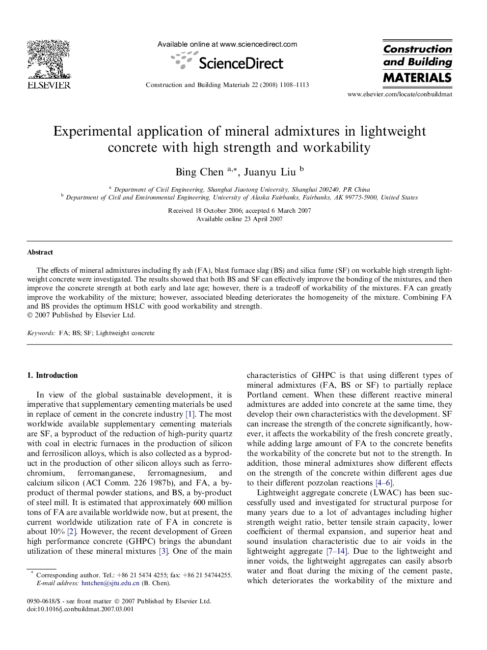 Experimental application of mineral admixtures in lightweight concrete with high strength and workability