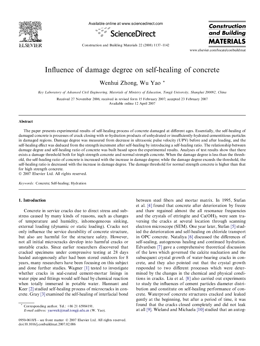 Influence of damage degree on self-healing of concrete