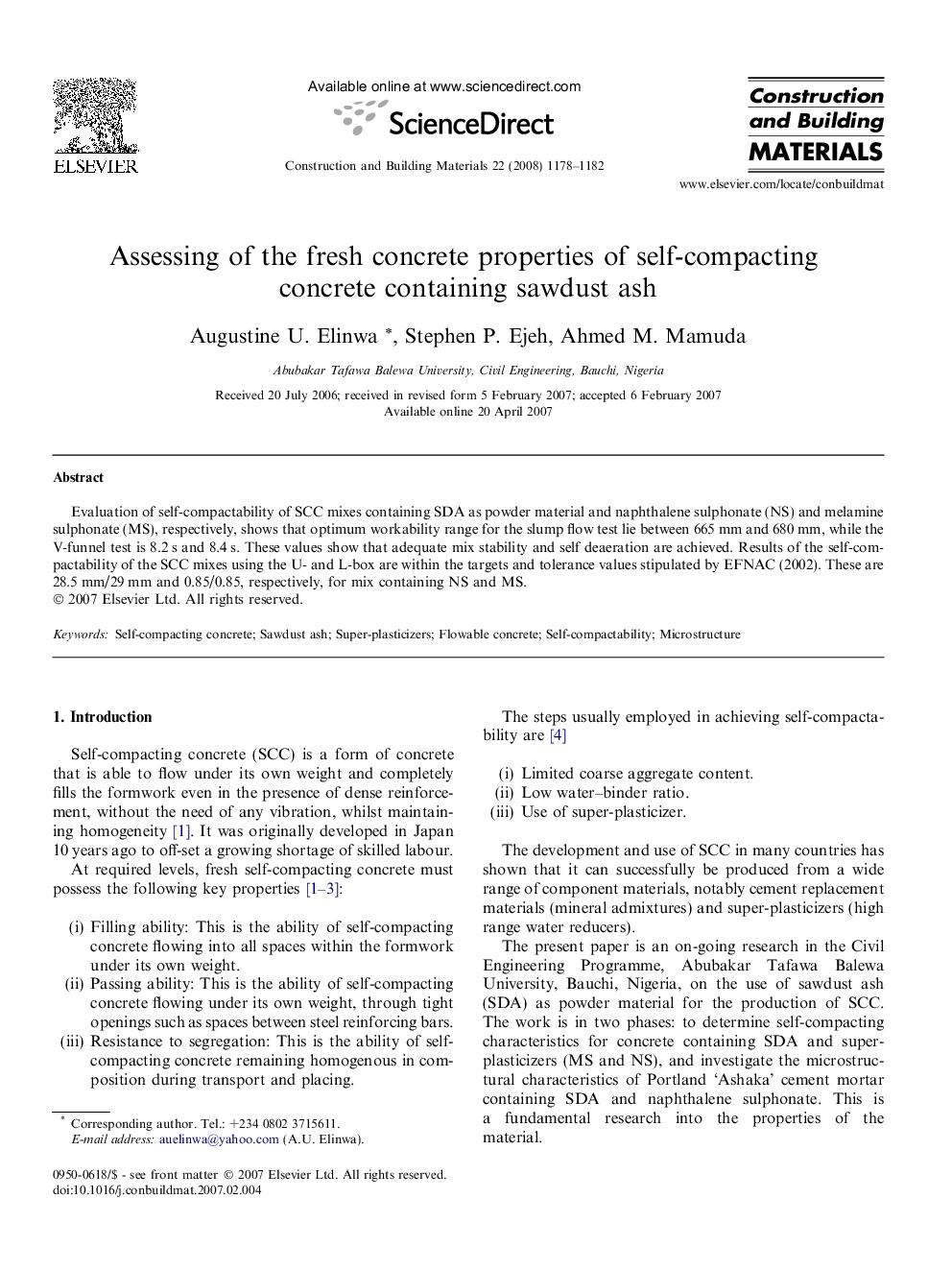 Assessing of the fresh concrete properties of self-compacting concrete containing sawdust ash