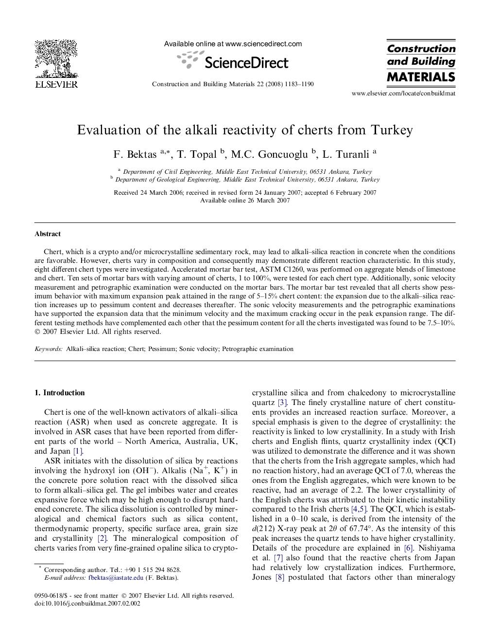 Evaluation of the alkali reactivity of cherts from Turkey