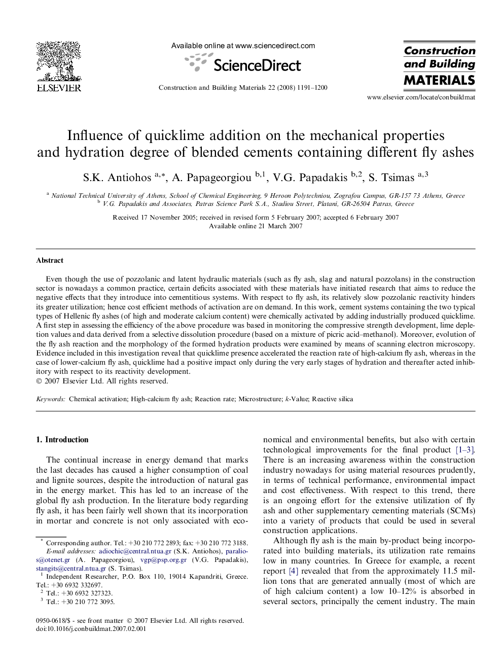 Influence of quicklime addition on the mechanical properties and hydration degree of blended cements containing different fly ashes