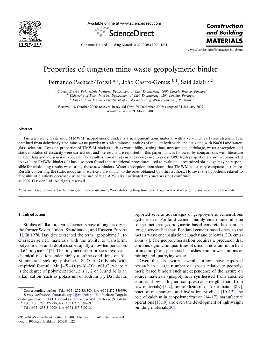 Properties of tungsten mine waste geopolymeric binder