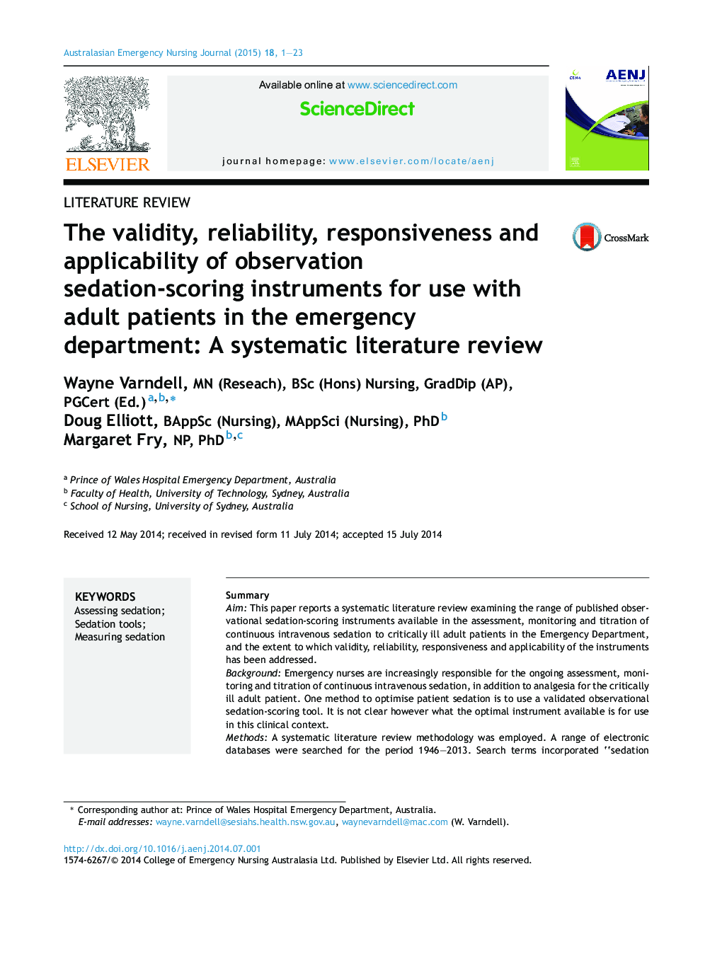 The validity, reliability, responsiveness and applicability of observation sedation-scoring instruments for use with adult patients in the emergency department: A systematic literature review
