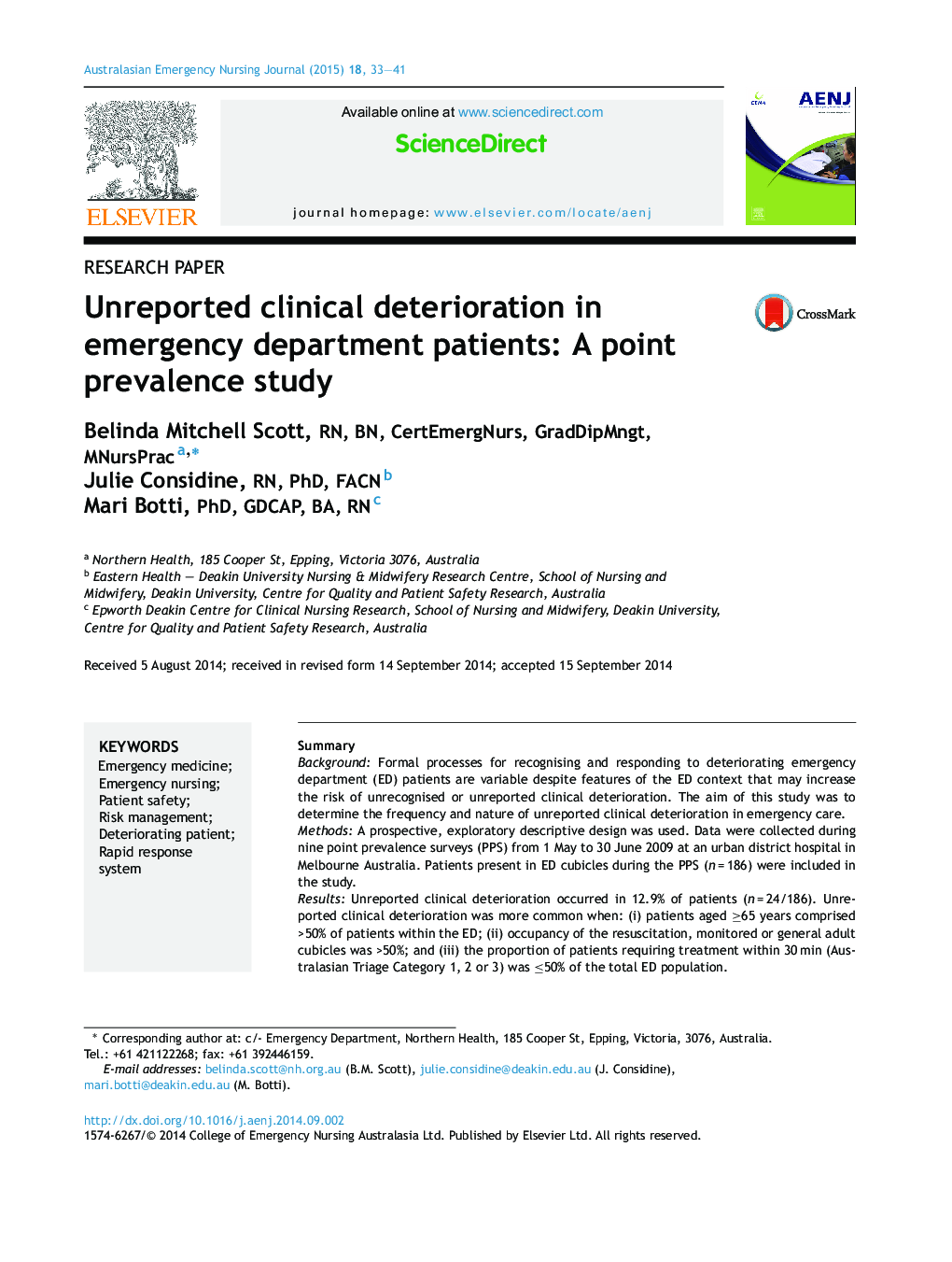 Unreported clinical deterioration in emergency department patients: A point prevalence study