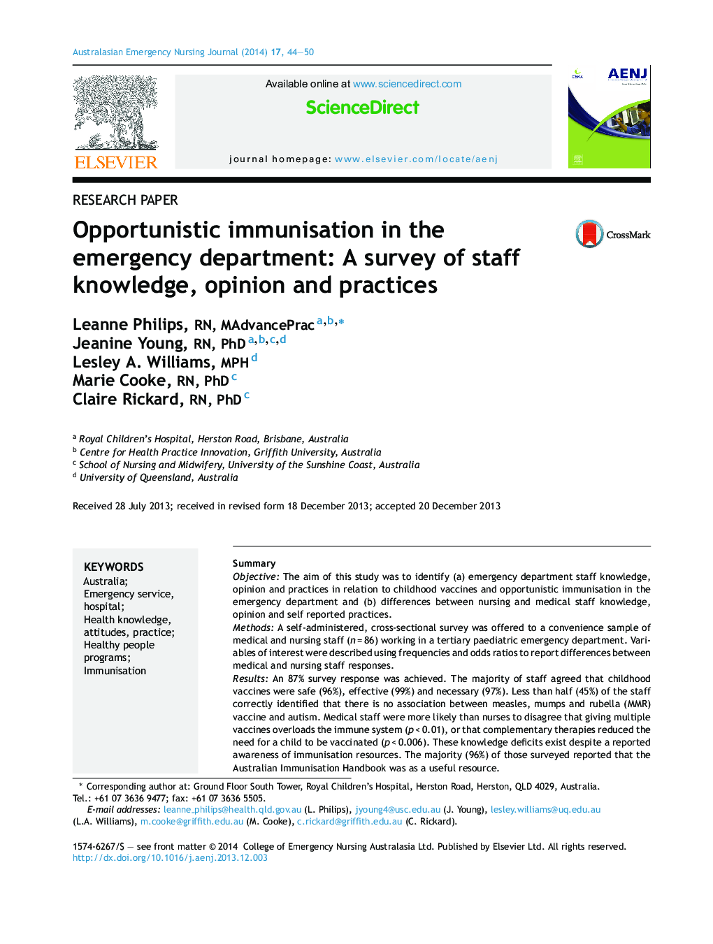 Opportunistic immunisation in the emergency department: A survey of staff knowledge, opinion and practices