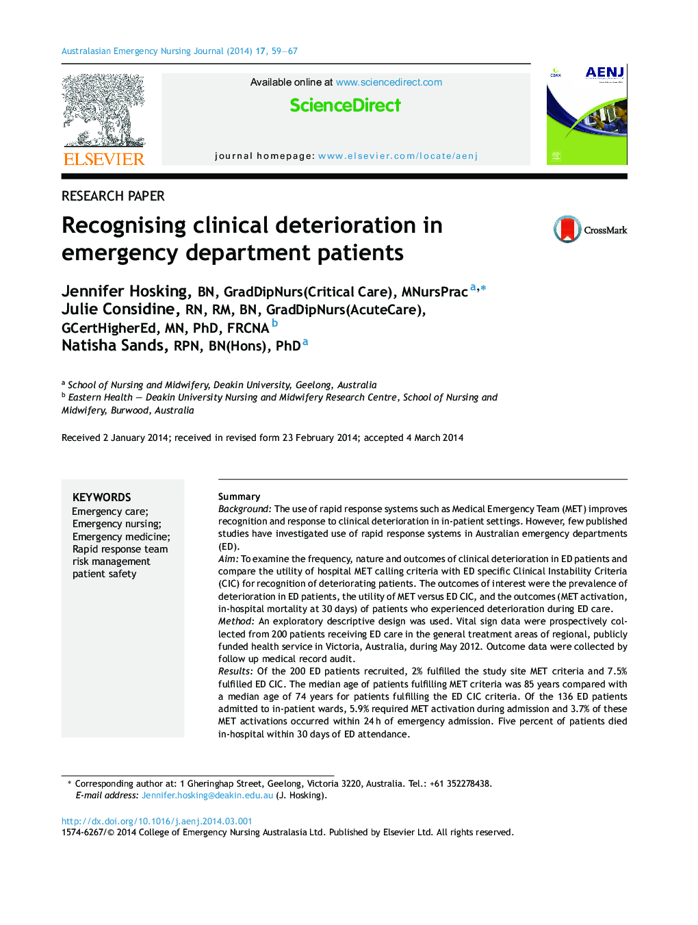 Recognising clinical deterioration in emergency department patients