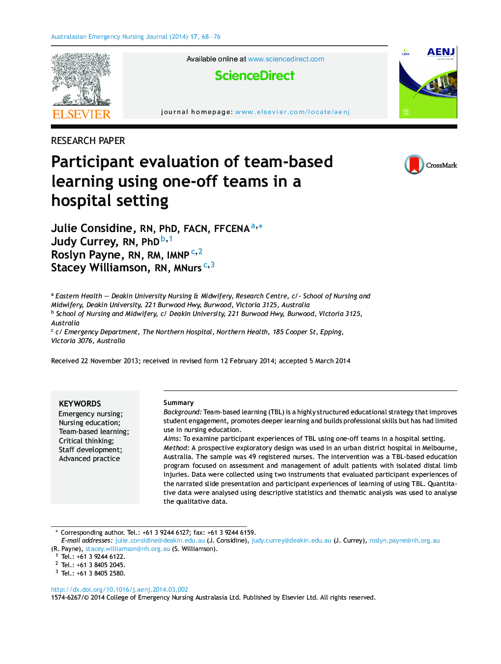 ارزیابی شرکت کننده از یادگیری تیمی با استفاده از تیم های one-off در یک محیط بیمارستان