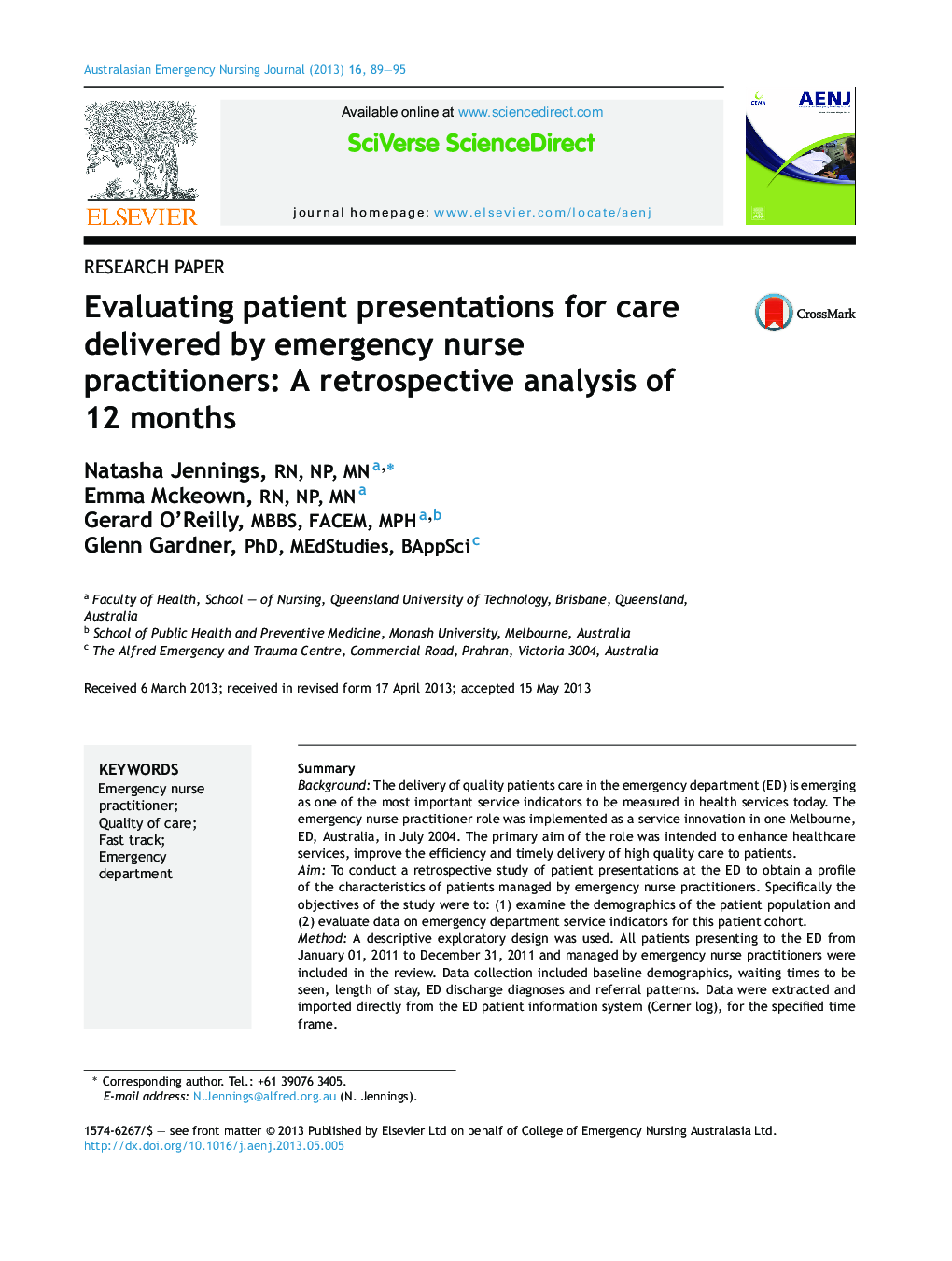 Evaluating patient presentations for care delivered by emergency nurse practitioners: A retrospective analysis of 12 months